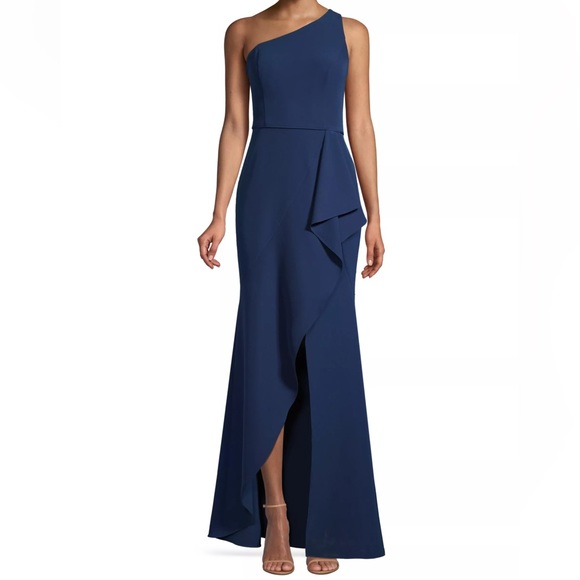 Aidan by Aidan Mattox One-Shoulder Draped High-Low Trumpet Gown - Picture 1 of 4